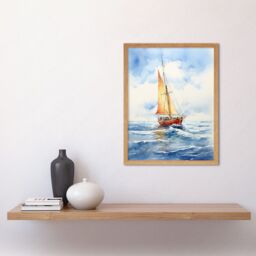 "Artery8 Wall Art Print Orange Sailing Boat Watercolour Painting Bathroom Artwork Sail at Sea Seascape Art Framed in Light Oak - Size: W12"" x H16""" - thumbnail 2