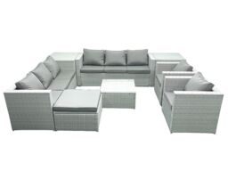 Fimous Outdoor Rattan Sofa Garden Furniture Set with 2 Armchairs Square Coffee Table Big Footstool 2 Side Tables Light Grey Mixed - thumbnail 1