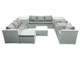 Fimous Outdoor Rattan Sofa Garden Furniture Set with 2 Armchairs Square Coffee Table Big Footstool 2 Side Tables Light Grey Mixed - thumbnail 2