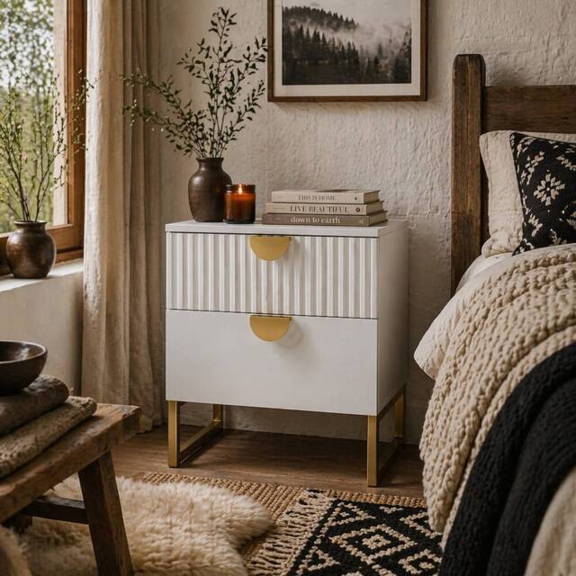 Wyld Haus Coelta Loni White & Gold 2 Drawer Bedside Table Ribbed Front - image 1