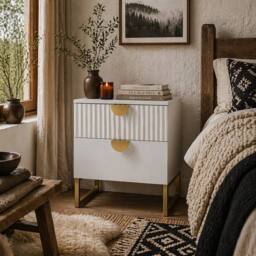 Wyld Haus Coelta Loni White & Gold 2 Drawer Bedside Table Ribbed Front - thumbnail 1