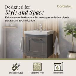 Balterley Wall Hung 1 Drawer Vanity Unit & 3TH Fireclay Basin, 500mm, Dark Grey - thumbnail 2