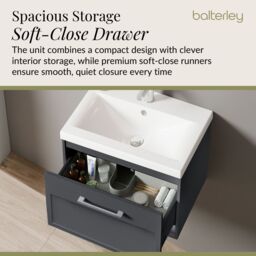 Balterley Wall Hung 1 Drawer Vanity Unit & 3TH Fireclay Basin, 500mm, Dark Grey - thumbnail 4