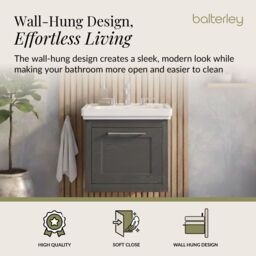 Balterley Wall Hung 1 Drawer Vanity Unit & 3TH Fireclay Basin, 500mm, Dark Grey - thumbnail 3
