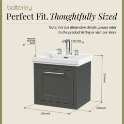 Balterley Wall Hung 1 Drawer Vanity Unit & 3TH Fireclay Basin, 500mm, Dark Grey - thumbnail 5