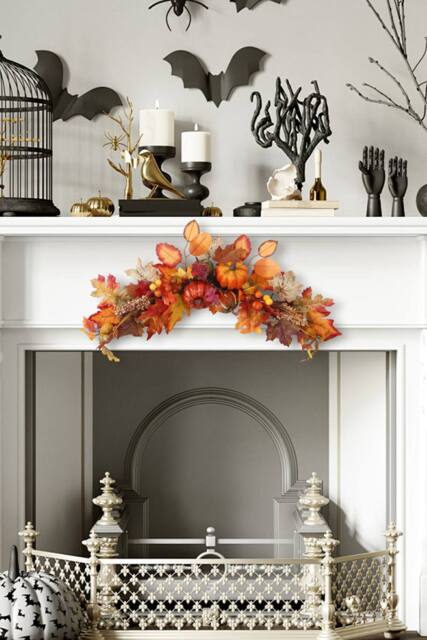 H&O Direct 60cm Autumn Swag Garland - Maple Leaves, Berries & Pumpkins with LED Lights in Orange - image 1