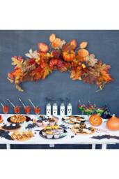 H&O Direct 60cm Autumn Swag Garland - Maple Leaves, Berries & Pumpkins with LED Lights in Orange - thumbnail 3