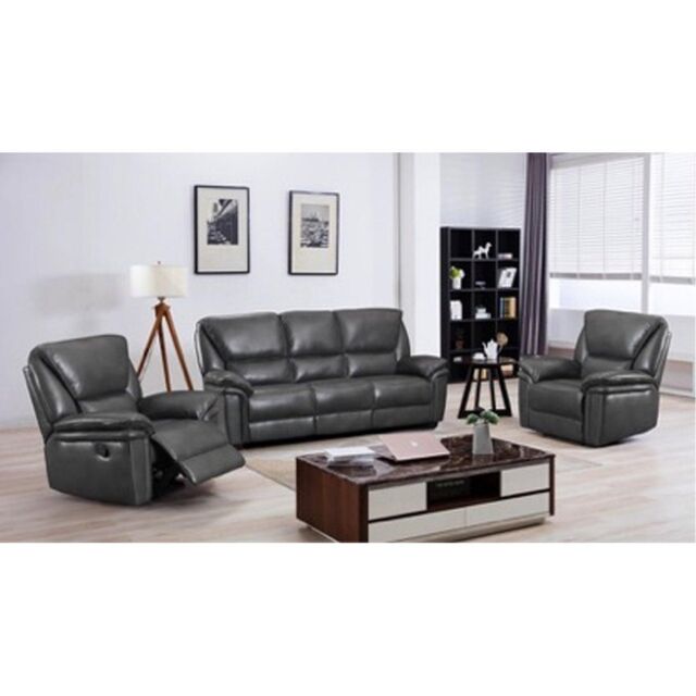 Furnishings For Less UK Boston Grey Leather Large 3 Piece Sofa Suite Manual Reclining Armchairs + Static 3 Seater Seater Sofa - image 1