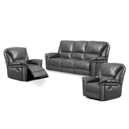 Furnishings For Less UK Boston Grey Leather Large 3 Piece Sofa Suite Manual Reclining Armchairs + Static 3 Seater Seater Sofa - thumbnail 2