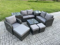Fimous PE Rattan Garden Furniture Sets Outdoor Love Sofa Chair Set Square Coffee Table 2 Side Tables 3 Footstools in Dark Grey - thumbnail 2