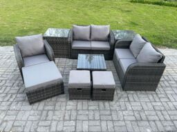 Fimous PE Rattan Garden Furniture Sets Outdoor Love Sofa Chair Set Square Coffee Table 2 Side Tables 3 Footstools in Dark Grey - thumbnail 1