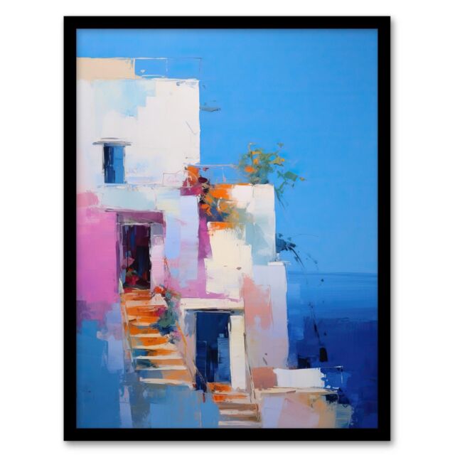 Wee Blue Coo Wall Art Print Italian Daydream Abstract Oil Painting Blue Pink Orange Summer Holiday Destination Art Framed - Size: A4 - image 1