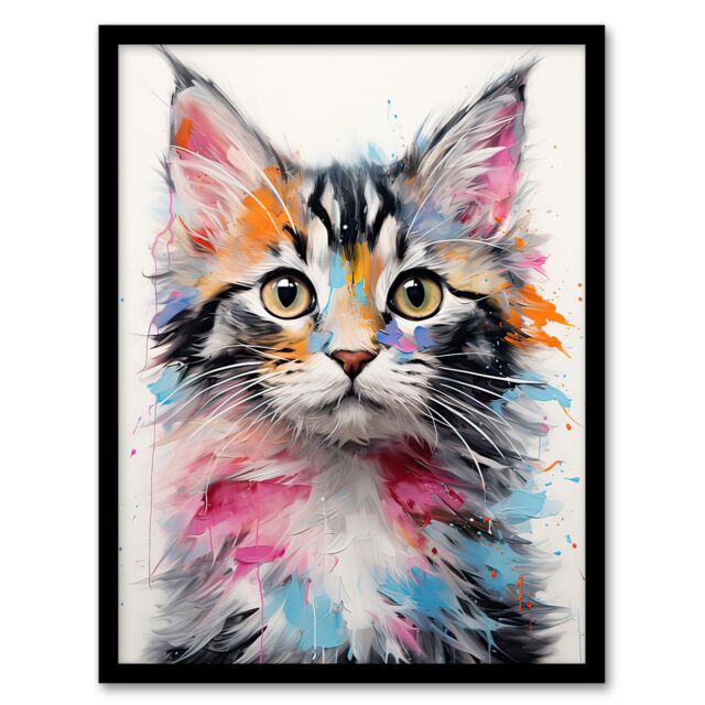 Artery8 Wall Art Print Cute Kitten Bright Painting Orange Pink Blue Baby Cat Framed Art - Size: A4 - image 1