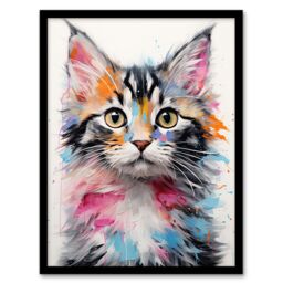 Artery8 Wall Art Print Cute Kitten Bright Painting Orange Pink Blue Baby Cat Framed Art - Size: A4 - thumbnail 1