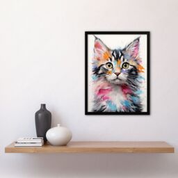 Artery8 Wall Art Print Cute Kitten Bright Painting Orange Pink Blue Baby Cat Framed Art - Size: A4 - thumbnail 4