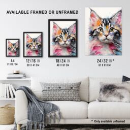 Artery8 Wall Art Print Cute Kitten Bright Painting Orange Pink Blue Baby Cat Framed Art - Size: A4 - thumbnail 3