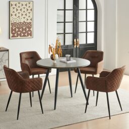 SONARA Grey Marble Round Dining Table with 4 Faux Suede Dining Chairs Set in Brown - thumbnail 1
