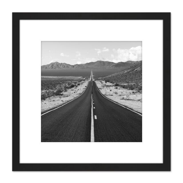 Artery8 Long Straight Road Mountain Landscape 8X8 Inch Square Wooden Framed Wall Art Print Picture with Mount in Black - image 1