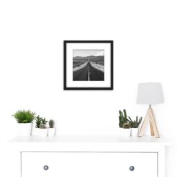 Artery8 Long Straight Road Mountain Landscape 8X8 Inch Square Wooden Framed Wall Art Print Picture with Mount in Black - thumbnail 2