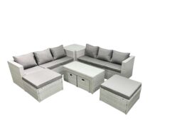 Fimous Outdoor Rattan Garden Furniture Set with Grey Cushions Luxury 10 Seater with Coffee Table & Side Table For Conservatory, Patio in Light Grey