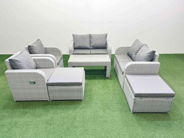 Fimous 8 Seater Outdoor Reclining Chair Love Sofa Set Rattan Garden Furniture Set with Oblong Coffee Table 2 Big FootStools Light Grey - image 1