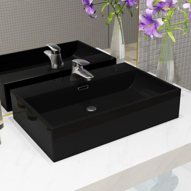 Berkfield Home Basin with Faucet Hole Ceramic Black 76x42.5x14.5 cm - image 1