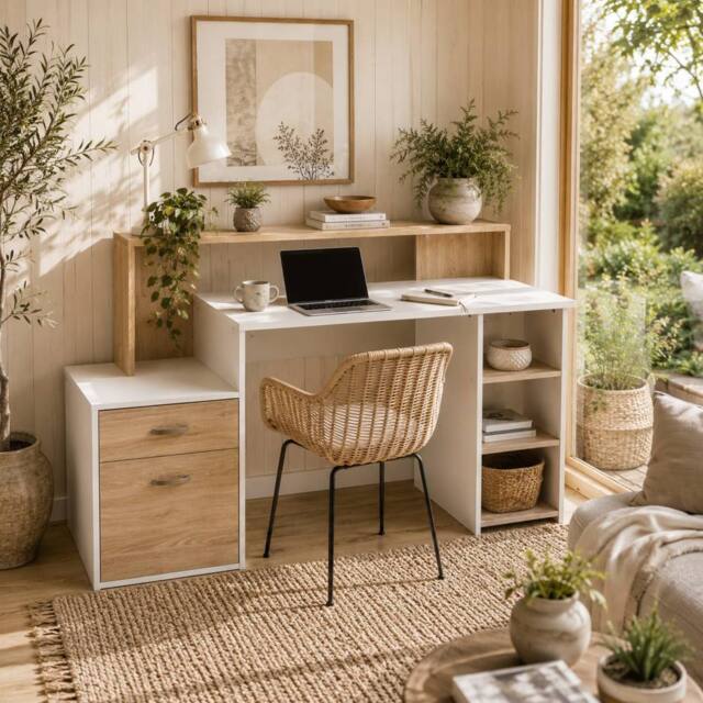 Wyld Haus Niledi 137cm Oak & White Office Desk Shelves Drawers Printer Stand in Light Oak - image 1