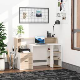 Wyld Haus Niledi 137cm Oak & White Office Desk Shelves Drawers Printer Stand in Light Oak - thumbnail 3