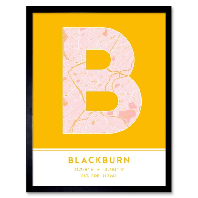 "Wee Blue Coo Wall Art Print Blackburn England United Kingdom City Map Modern Typography Stylish Letter Framed Word in Yellow - Size: W12"" x H16""" - image 1