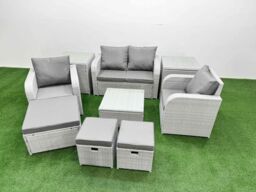 Fimous Light Grey PE Wicker Rattan Garden Furniture Set Sofa Set Reclining Adjustable Chair Square Coffee Table 7 Seater 3 Stools 3 Side Table - thumbnail 1