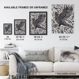 "Artery8 Wild Black Raven in Flight Painting Magic Gothic Wall Art Print - Size: W18"" x H24""" - thumbnail 3