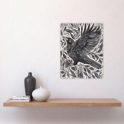 "Artery8 Wild Black Raven in Flight Painting Magic Gothic Wall Art Print - Size: W18"" x H24""" - thumbnail 4