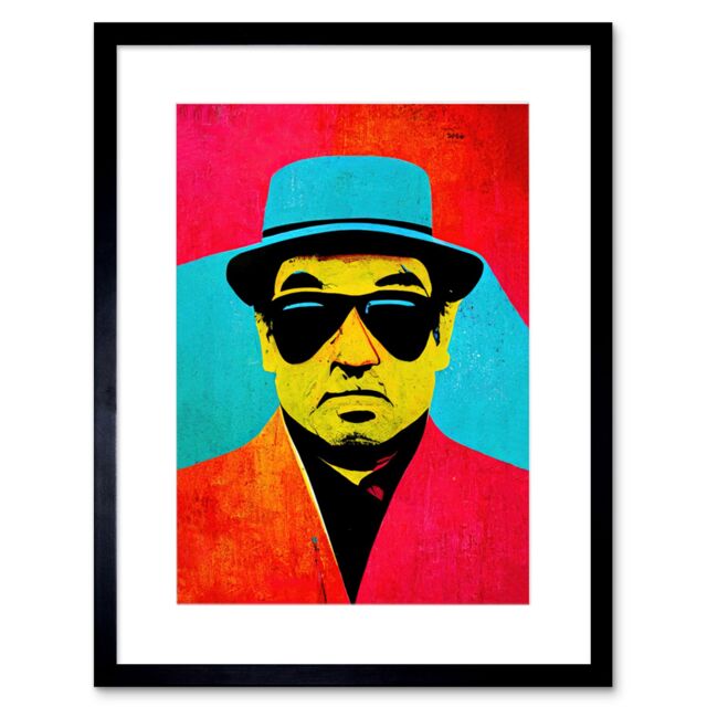 "Artery8 Wall Art Print Pop Art Bright Jazz Musician Pork Pie Hat Sunglasses Red Turquoise Yellow Artwork Framed 9X7 Inch in Black - Size: W7"" x H9""" - image 1