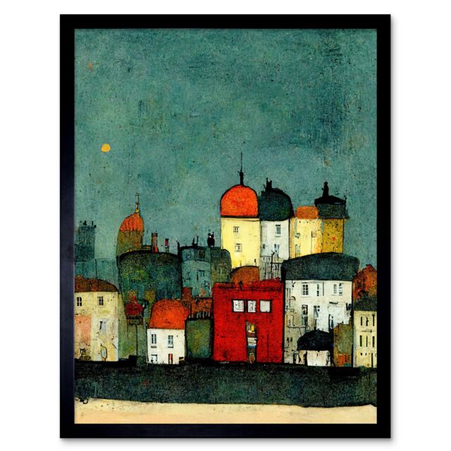 "Artery8 Wall Art Print Playful Town Skyline Scene At Night With Pastels & Ink Art Framed in Black - Size: W12"" x H16""" - image 1
