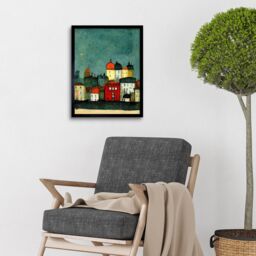 "Artery8 Wall Art Print Playful Town Skyline Scene At Night With Pastels & Ink Art Framed in Black - Size: W12"" x H16""" - thumbnail 2