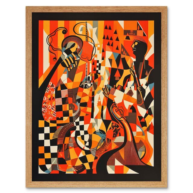 "Artery8 Wall Art Print Jazz Music Band Musicians Abstract Modern Folk Art Painting Art Framed in Light Oak - Size: W12"" x H16""" - image 1