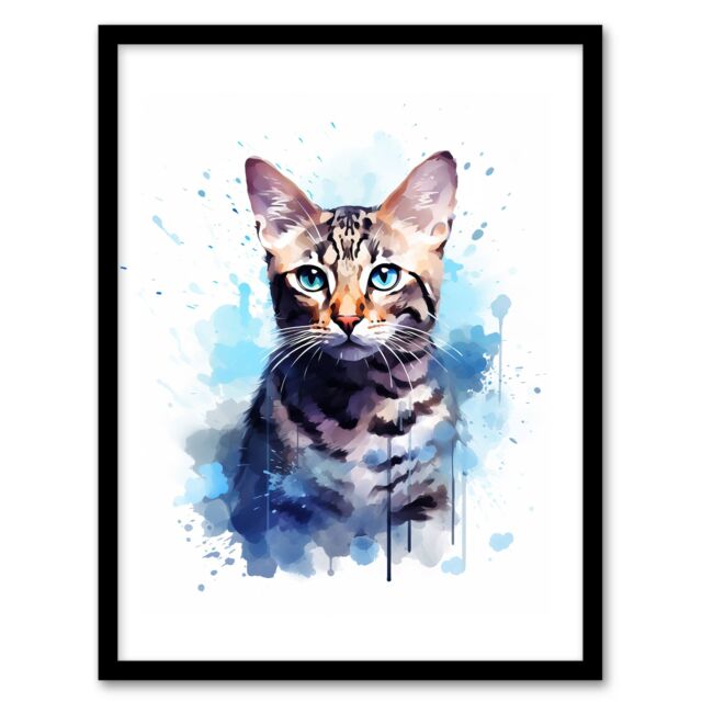 "Artery8 Wall Art Print Bengal Cat Lovers Gift Watercolour Pet Portrait Painting Artwork Art Framed - Size: W12"" x H16""" - image 1