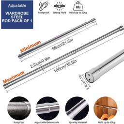 VOGREX 56-100cm Extendable Stainless Steel Wardrobe Rail in Silver - thumbnail 2