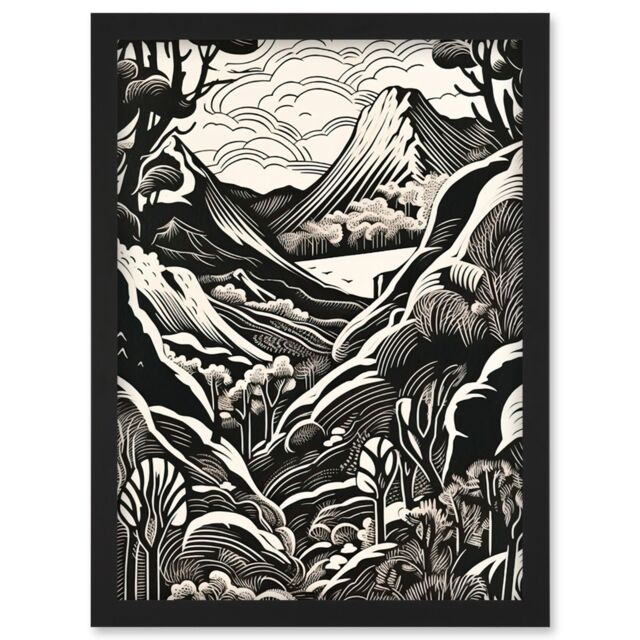 Artery8 Forest Mountain Landscape Black & White Linocut Artwork Framed Wall Art Print A4 - image 1