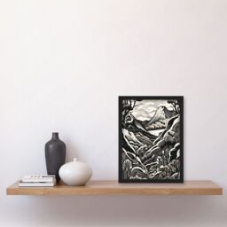 Artery8 Forest Mountain Landscape Black & White Linocut Artwork Framed Wall Art Print A4 - thumbnail 2
