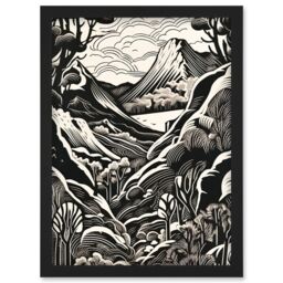 Artery8 Forest Mountain Landscape Black & White Linocut Artwork Framed Wall Art Print A4 - thumbnail 1