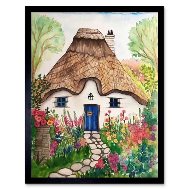 "Artery8 Wall Art Print The Cottage In The Forrest Flowers Folk Art Framed in Black - Size: W12"" x H16""" - image 1