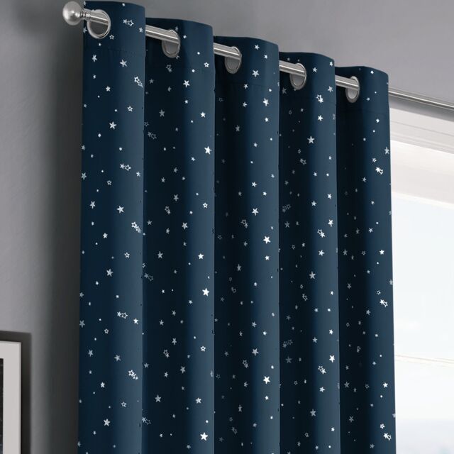 Velosso Stars Thermal Blackout Ready Made Eyelet Curtains in Navy - Size: 168 cm width x 183 cm drop
