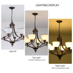 NIVOR Classic 6-Light Bell Pendant, Black Gold Frosted Glass Chandelier E27 in Bronze - thumbnail 3