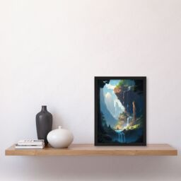 Artery8 Wall Art Print Under a Cascading Waterfall Concept Art Painting Blue Green Orange Hidden Kingdom in Dreamy Cliff Landscape Art Framed - thumbnail 4