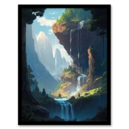 Artery8 Wall Art Print Under a Cascading Waterfall Concept Art Painting Blue Green Orange Hidden Kingdom in Dreamy Cliff Landscape Art Framed - thumbnail 1