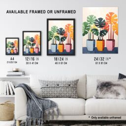 Artery8 Wall Art Print Trio of Colourful Monstera Cheese Plant Pots Botanical Oil Painting Artwork Framed - Size: A4 - thumbnail 3