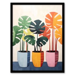 Artery8 Wall Art Print Trio of Colourful Monstera Cheese Plant Pots Botanical Oil Painting Artwork Framed - Size: A4 - thumbnail 1