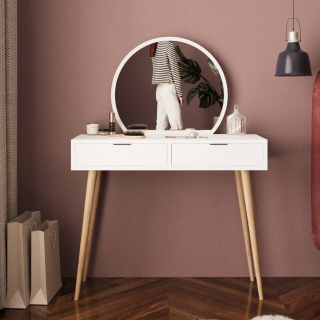 BIMOSSA Women's Vanity Dressing Table with Round Mirror, 2 Drawer Makeup Desk (Lucy) in White - image 1