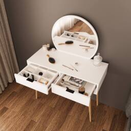 BIMOSSA Women's Vanity Dressing Table with Round Mirror, 2 Drawer Makeup Desk (Lucy) in White - thumbnail 2